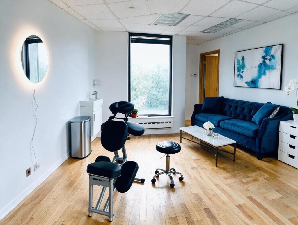 Empty bright treatment room with a black portable massage chair, round stool, glowing wall mirror