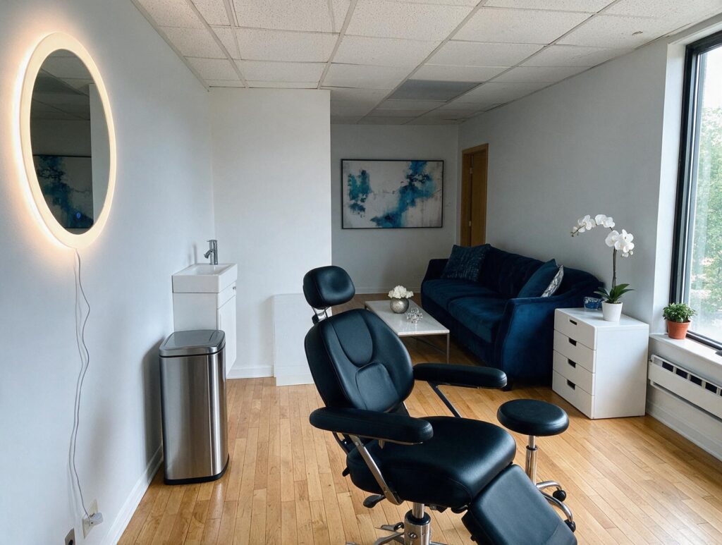 Empty, tidy treatment room with a black reclining chair, illuminated round mirror, navy sofa, white drawers and a large windo