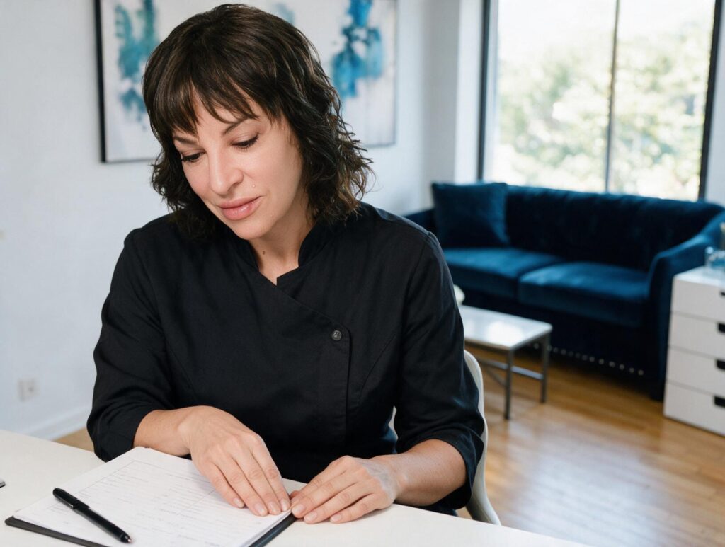 Dark-haired woman in a black tunic looks down at notes on a desk, with a blue velvet sofa and sunlit window behind her.