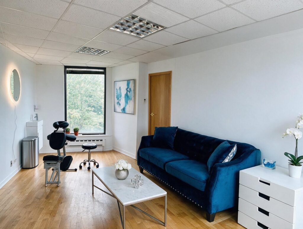 Bright, tidy room with a blue velvet sofa, marble coffee table, treatment chair, stool